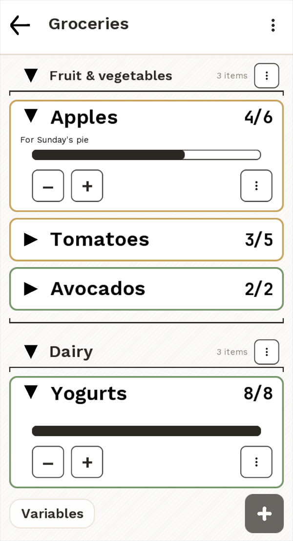 A note in SmartQLS-Flow: each item is a counter with minus and plus buttons.