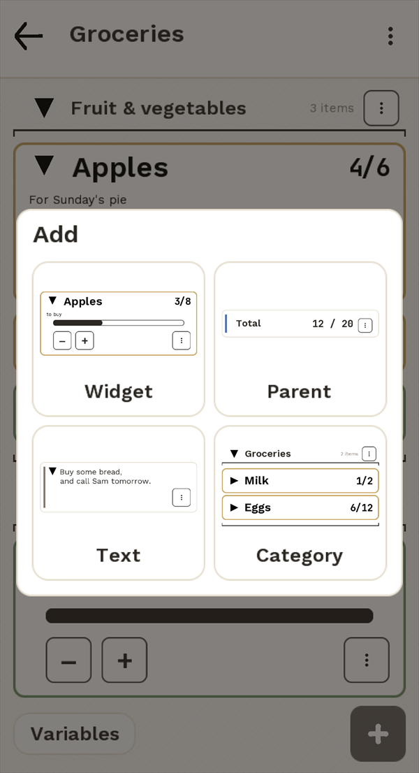 The Add menu: widget, parent, text and category.