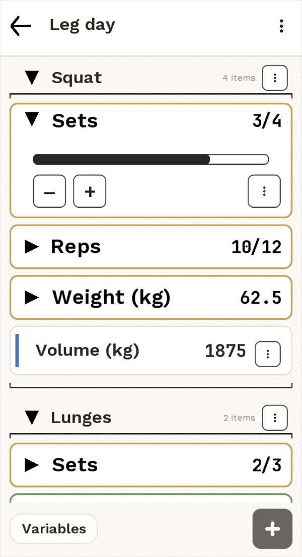 A workout note: sets, reps and weight as counters, with the total volume computed.