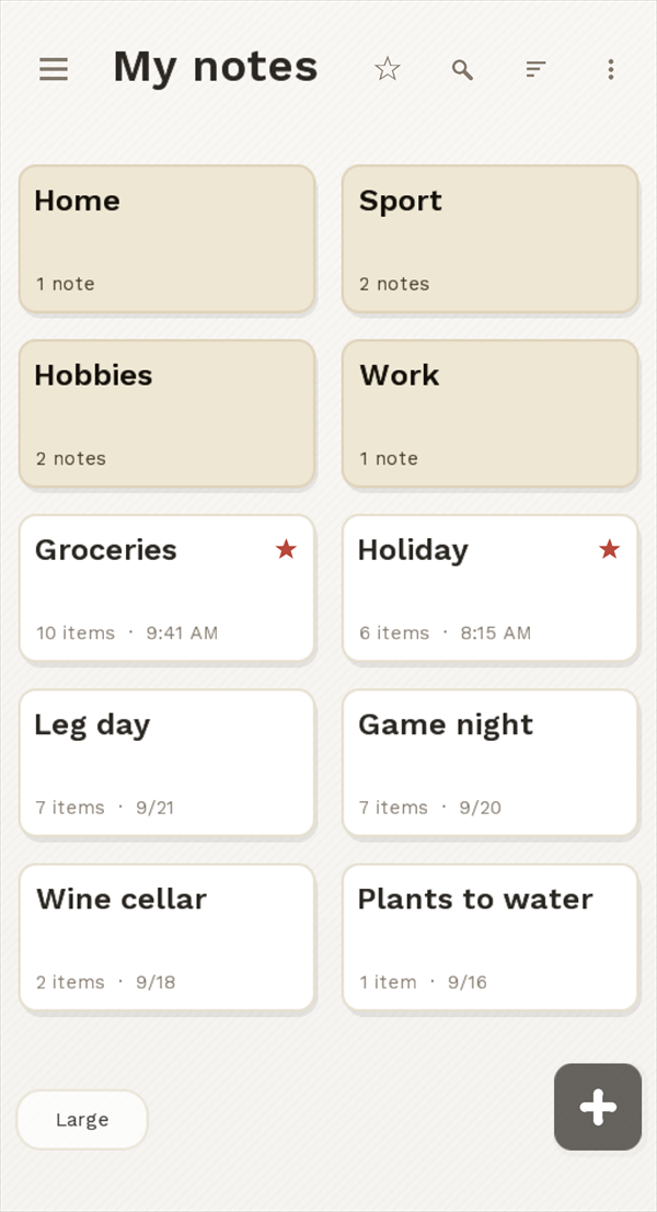 The list of notes, with folders, favorites and search.